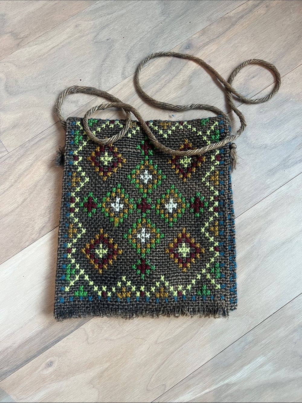 Vintage Woven Brown Embroidered Multicolor Crossbody Bag Coastal Hippie